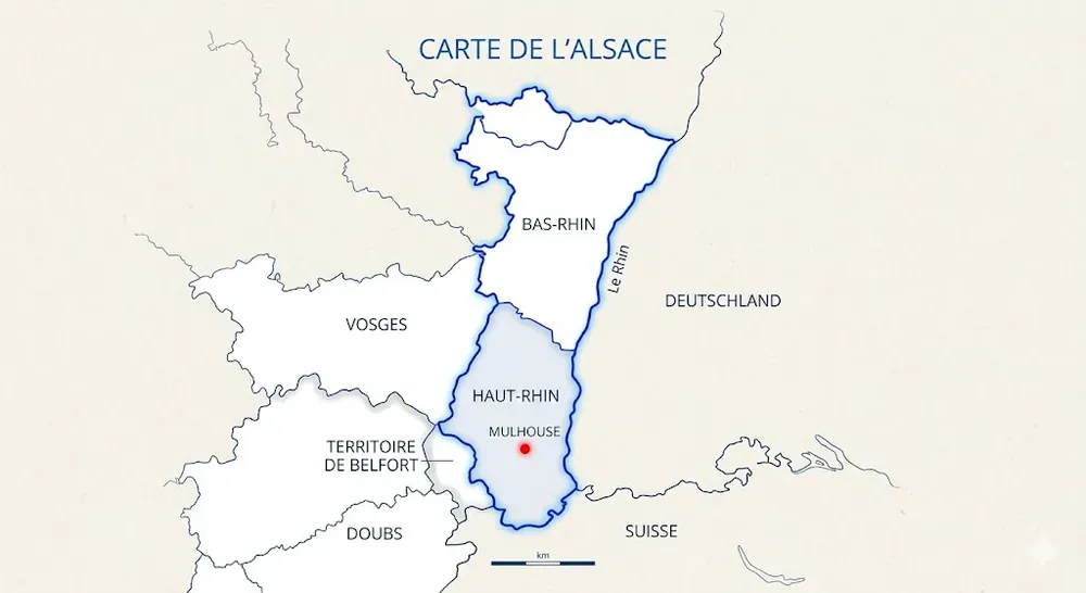 Carte de l'Alsace situant Mulhouse dans le sud du Haut-Rhin